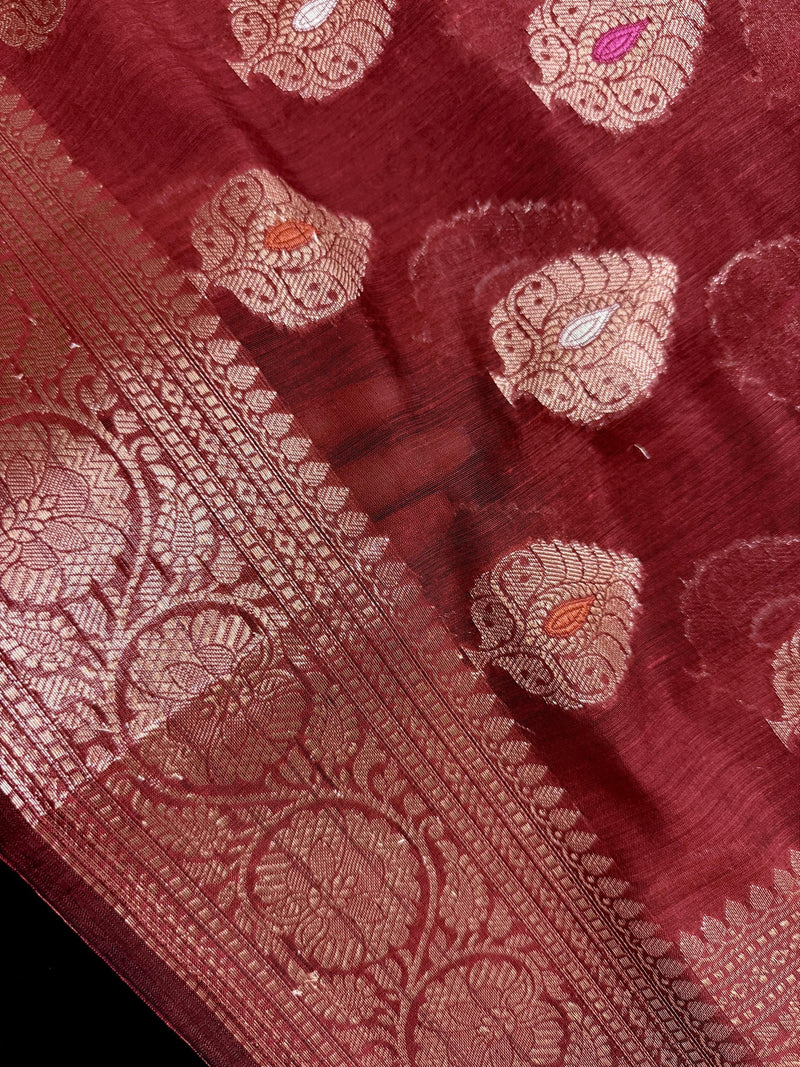 Rust Color Banarasi soft Pure Cotton Silk Saree with Copper Zari with Floral Buttas