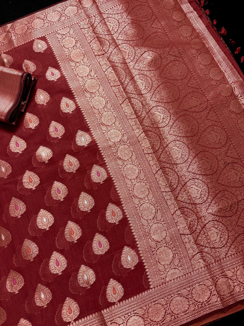 Rust Color Banarasi soft Pure Cotton Silk Saree with Copper Zari with Floral Buttas