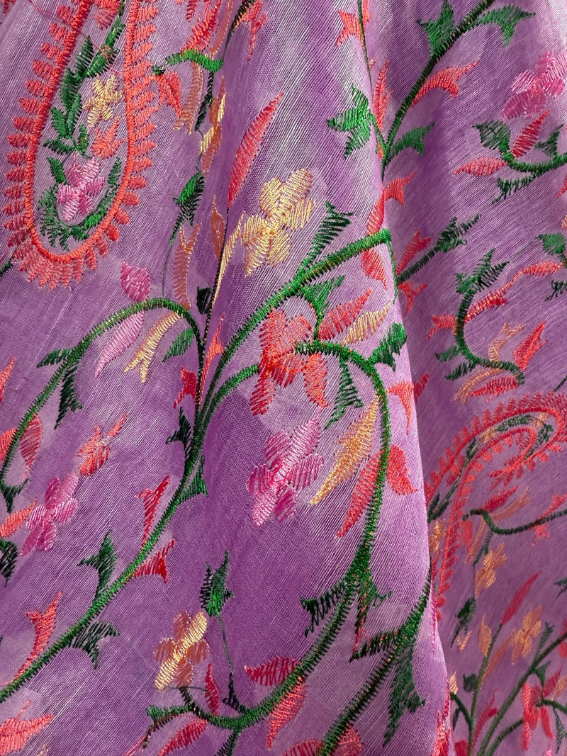 Lavender Color Linen Silk Saree | Floral Digital Embroidery with Zari Border | Organic Silk Linen Saree | Ships from California