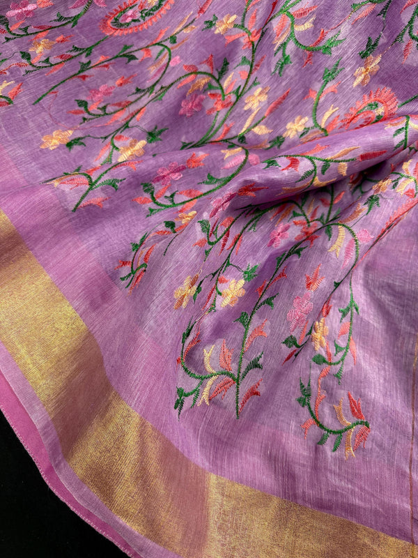 Lavender Color Linen Silk Saree | Floral Digital Embroidery with Zari Border | Organic Silk Linen Saree | Ships from California