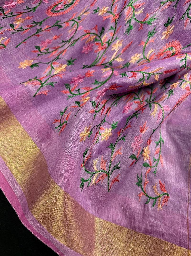 Lavender Color Linen Silk Saree | Floral Digital Embroidery with Zari Border | Organic Silk Linen Saree | Ships from California