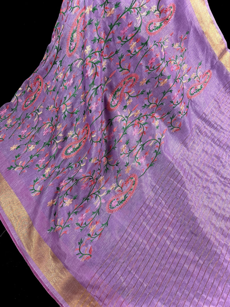 Lavender Color Linen Silk Saree | Floral Digital Embroidery with Zari Border | Organic Silk Linen Saree | Ships from California