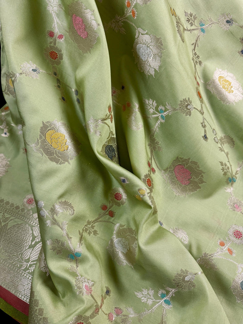 Statement Handmade Pastel Pista Green Banarasi Semi Katan Silk Saree with Meenakari and Muted Gold Zari Weave