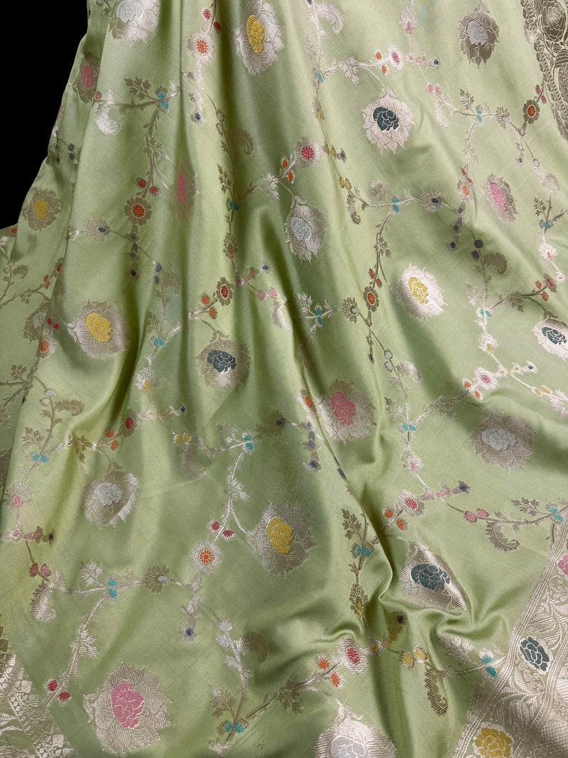 Statement Handmade Pastel Pista Green Banarasi Semi Katan Silk Saree with Meenakari and Muted Gold Zari Weave