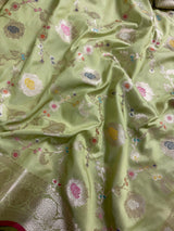 Statement Handmade Pastel Pista Green Banarasi Semi Katan Silk Saree with Meenakari and Muted Gold Zari Weave