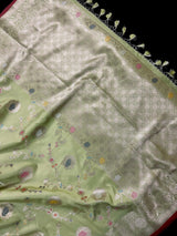 Statement Handmade Pastel Pista Green Banarasi Semi Katan Silk Saree with Meenakari and Muted Gold Zari Weave