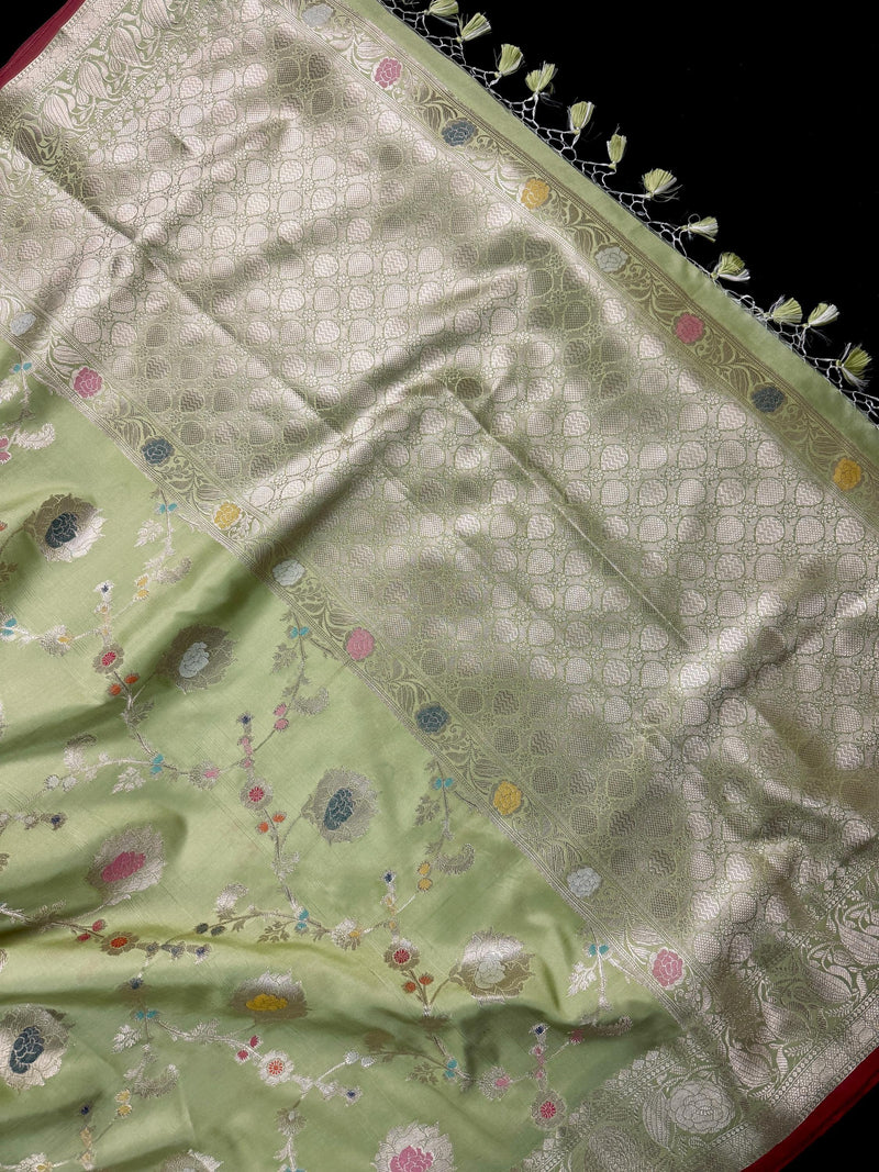 Statement Handmade Pastel Pista Green Banarasi Semi Katan Silk Saree with Meenakari and Muted Gold Zari Weave
