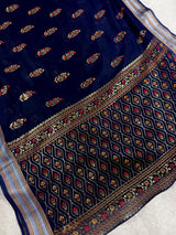 Blue Color Cotton Silk Saree with Foil Prints and Tissue Zari Border | Soft Cotton Silk Saree