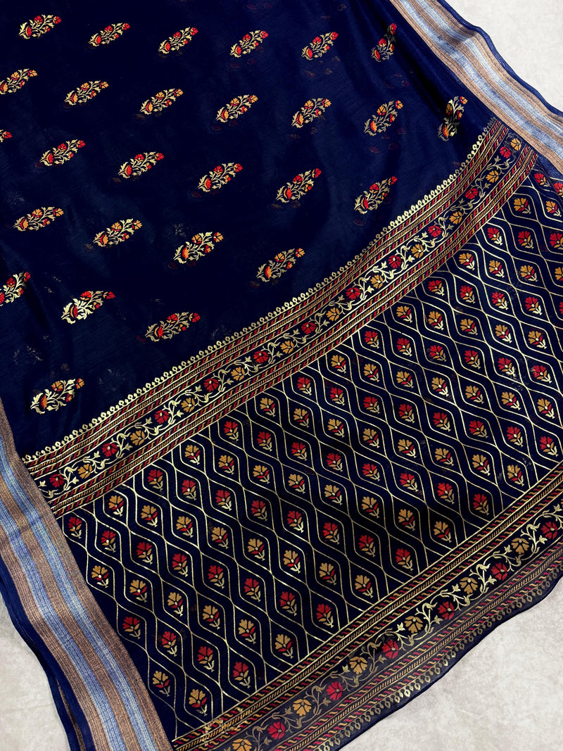 Blue Color Cotton Silk Saree with Foil Prints and Tissue Zari Border | Soft Cotton Silk Saree