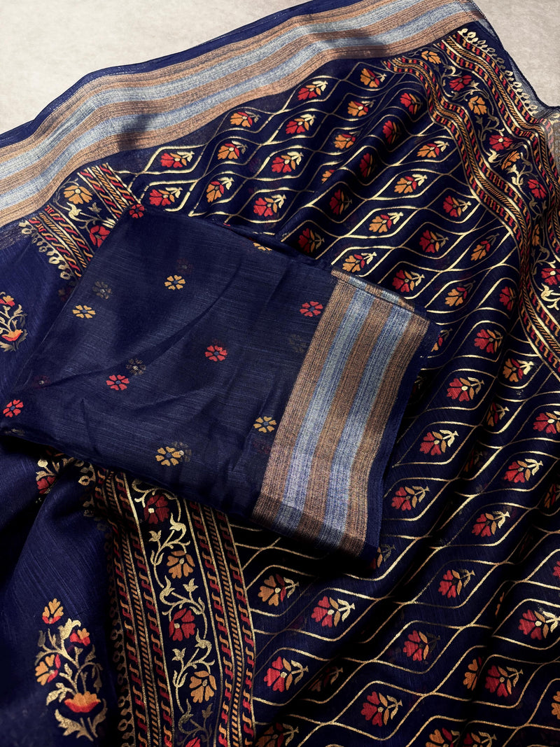 Blue Color Cotton Silk Saree with Foil Prints and Tissue Zari Border | Soft Cotton Silk Saree