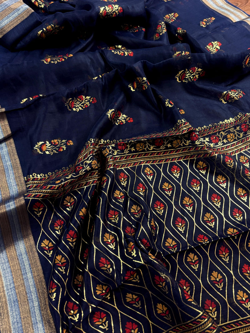 Blue Color Cotton Silk Saree with Foil Prints and Tissue Zari Border | Soft Cotton Silk Saree