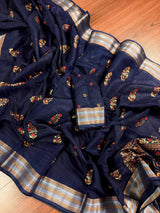 Blue Color Cotton Silk Saree with Foil Prints and Tissue Zari Border | Soft Cotton Silk Saree
