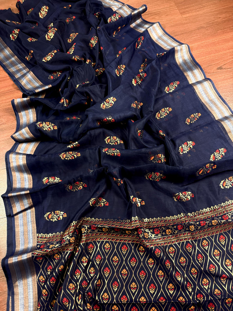 Blue Color Cotton Silk Saree with Foil Prints and Tissue Zari Border | Soft Cotton Silk Saree