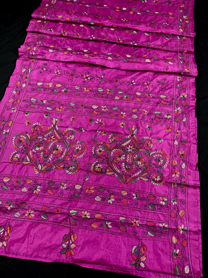 Purple Color Bangalori Silk Saree with Hand Kantha Stitch | Handwoven Kantha Stitch Sarees | Kantha Saress | Bengal Sarees