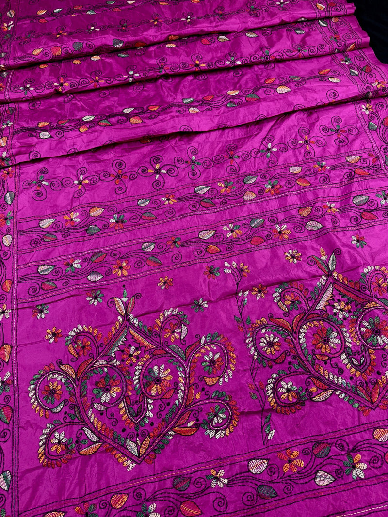 Purple Color Bangalori Silk Saree with Hand Kantha Stitch | Handwoven Kantha Stitch Sarees | Kantha Saress | Bengal Sarees