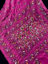 Pink Color Bangalori Silk Saree with Hand Kantha Stitch | Handwoven Kantha Stitch Sarees | Kantha Saress | Bengal Sarees