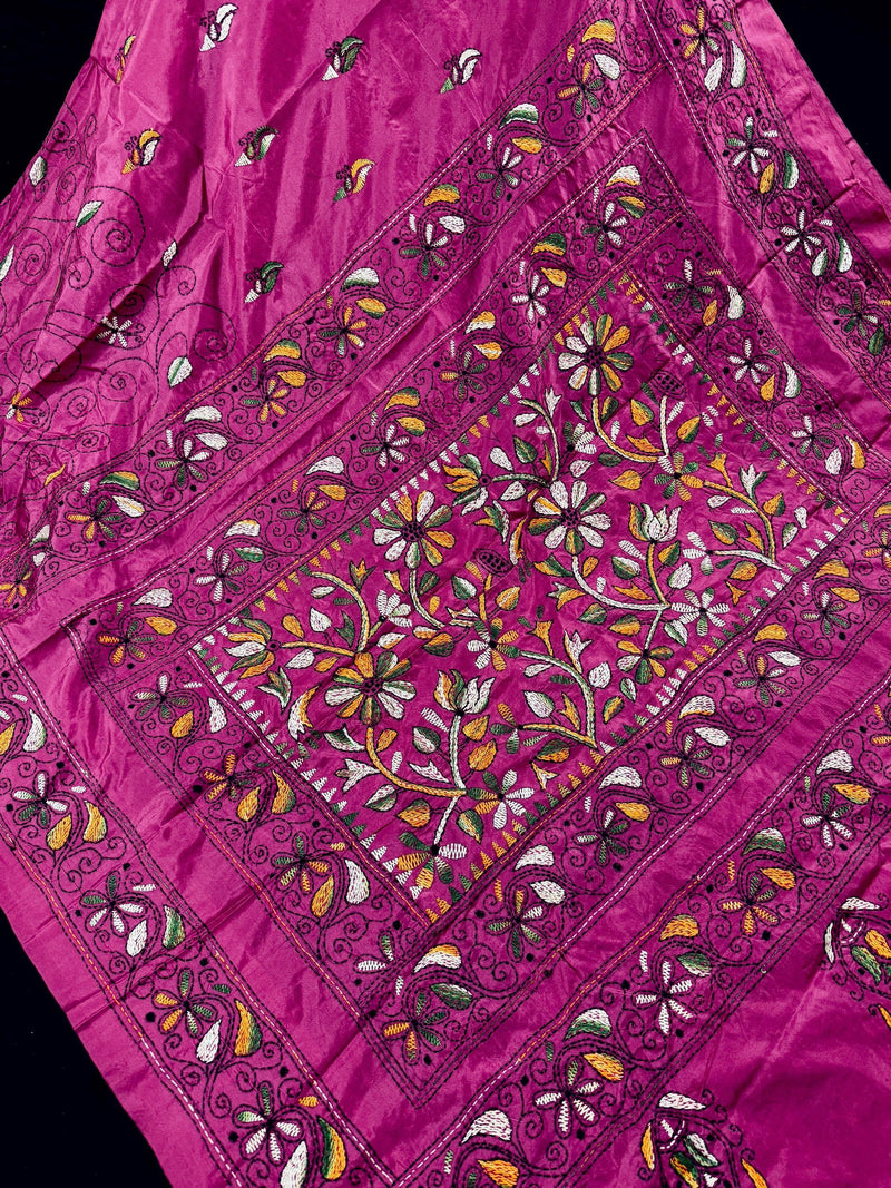 Pink Color Bangalori Silk Saree with Hand Kantha Stitch | Handwoven Kantha Stitch Sarees | Kantha Saress | Bengal Sarees