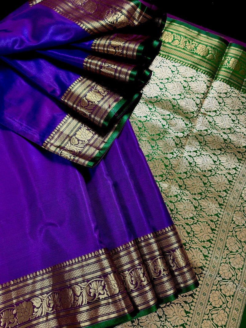 Dual Shade Purple and Blue Traditional Banarasi Satin Silk Handloom Saree with Bottle Green borders  Pallu