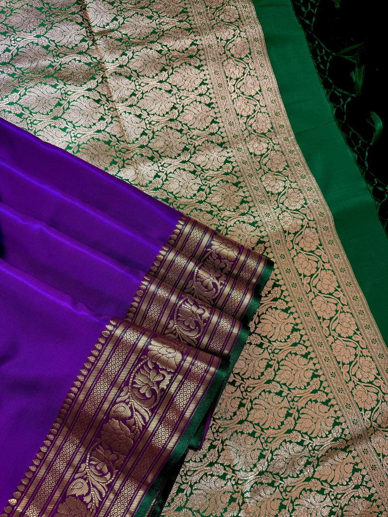 Dual Shade Purple and Blue Traditional Banarasi Satin Silk Handloom Saree with Bottle Green borders  Pallu