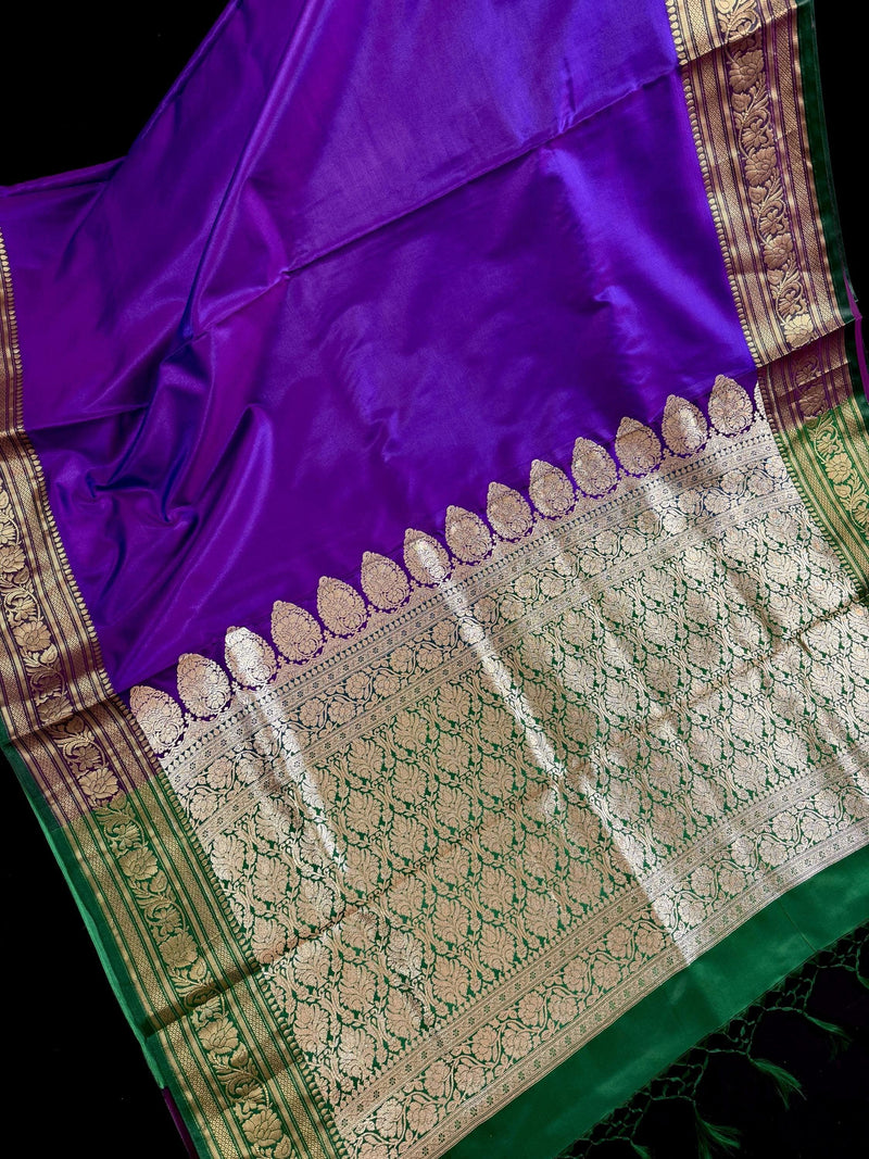 Dual Shade Purple and Blue Traditional Banarasi Satin Silk Handloom Saree with Bottle Green borders  Pallu