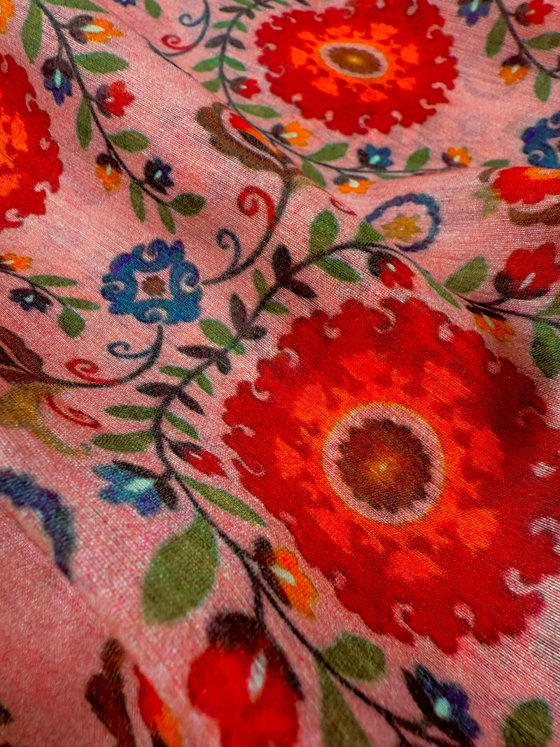Statement Handmade Pure Banaras Cotton Silk Kalamkari Saree in Peach Color with Wide Borders | Kalamakari Saree