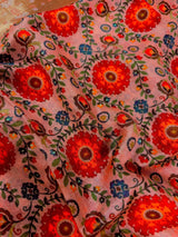 Statement Handmade Pure Banaras Cotton Silk Kalamkari Saree in Peach Color with Wide Borders | Kalamakari Saree