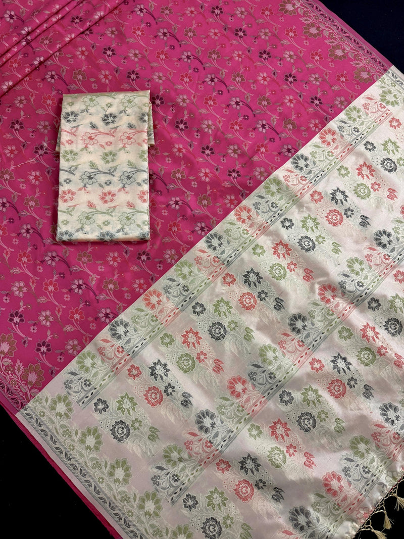 Handmade Deep Pink Color with Cream Color Pallu | Muted Resham Zari Weave with Meenakari Floral Jaal | Light Weight Easy Drape Saree