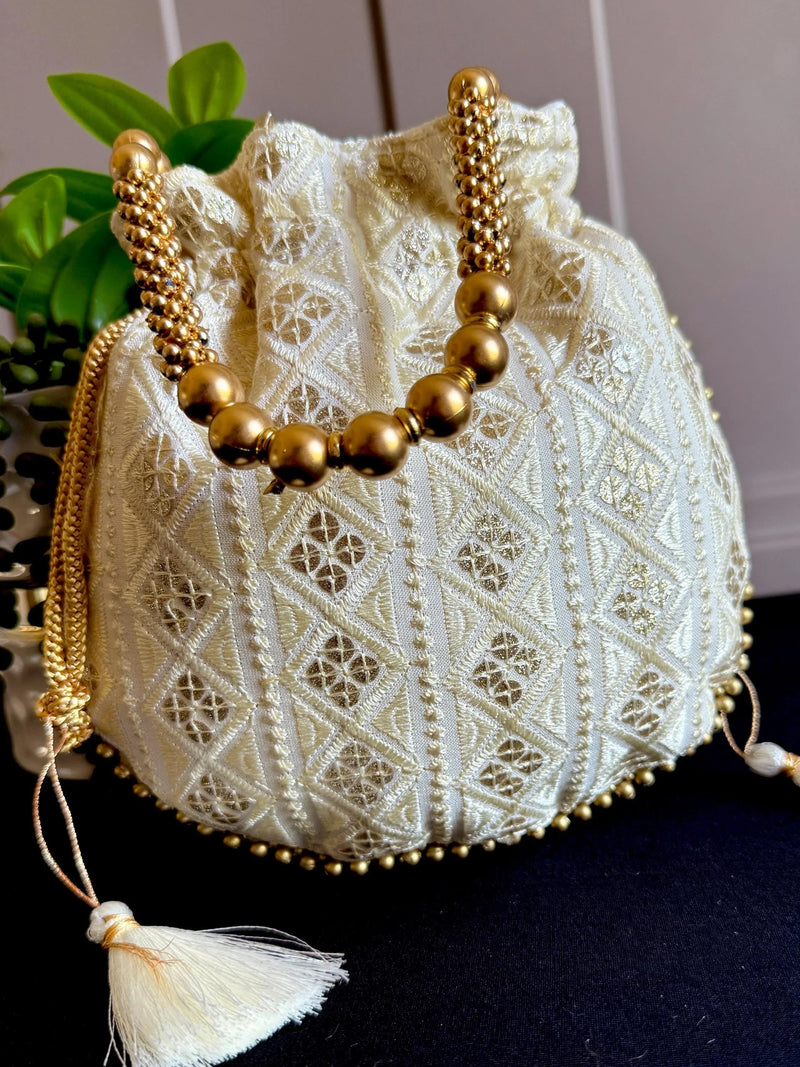 Off White Color Raw Silk Light Weight Potli Bag | Embroidery and Gotta Patti Work Potli Bags | Bags for Gifts | Wedding Bags