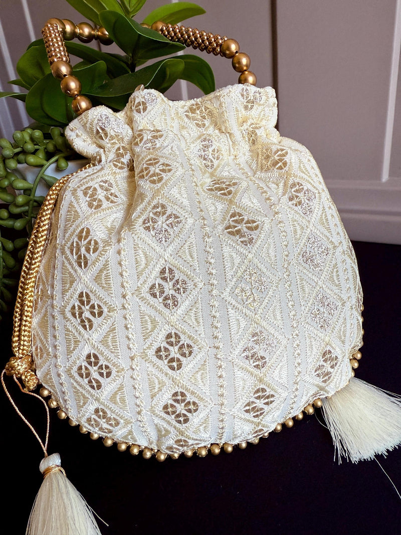 Off White Color Raw Silk Light Weight Potli Bag | Embroidery and Gotta Patti Work Potli Bags | Bags for Gifts | Wedding Bags
