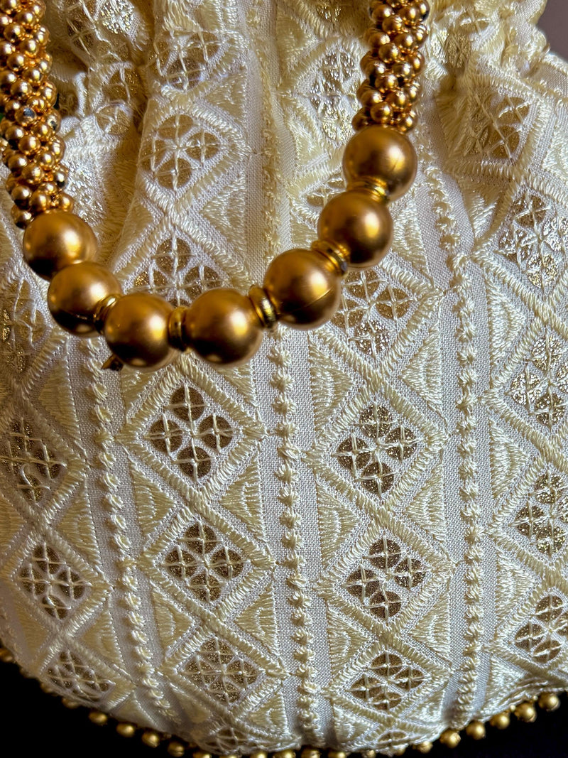 Off White Color Raw Silk Light Weight Potli Bag | Embroidery and Gotta Patti Work Potli Bags | Bags for Gifts | Wedding Bags