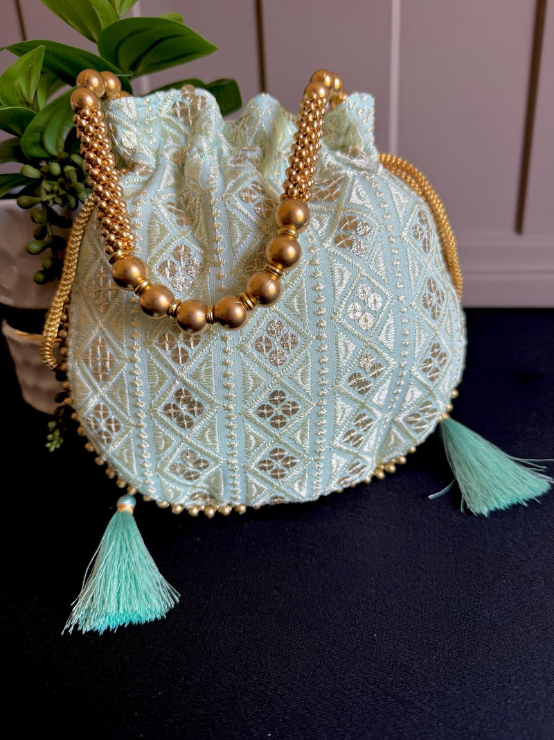 Pastel Sea Blue Color Raw Silk Light Weight Potli Bag | Embroidery and Gotta Patti Work Potli Bags | Bags for Gifts | Wedding Bags