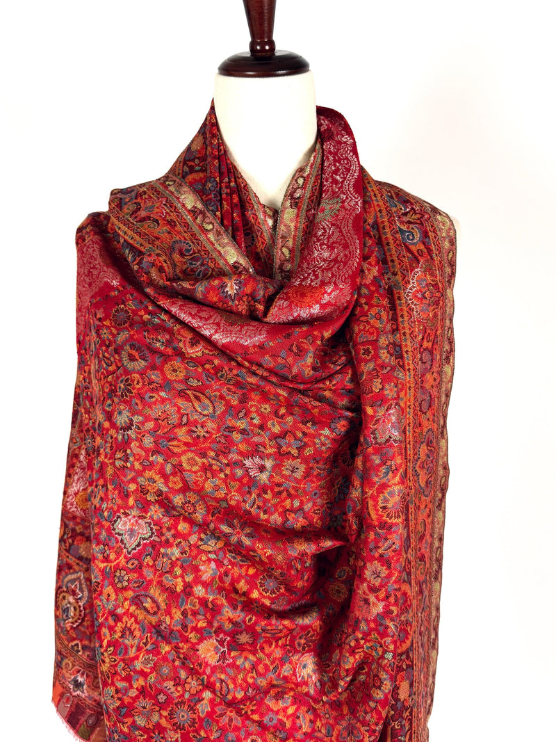 Elegant Red Colour Premium Kaani Wool Shawl | Floral Design with Zari Weave | Lightweight and Warm Winter Wrap | Indian Wool Shawl for Gift