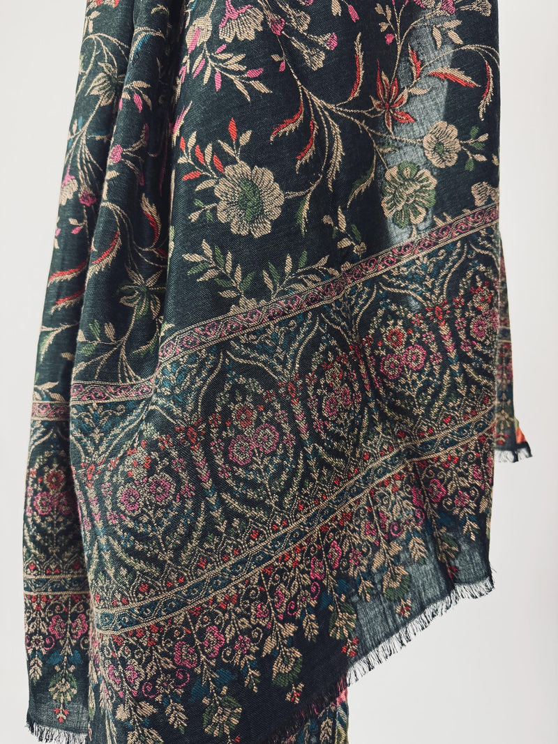 Kashmiri Wool Shawl in Kani Weave traditional Pattern | Cashmere Wrap | Floral Cashmere Stole | Black Color Stole | Wool Shawl for Gift