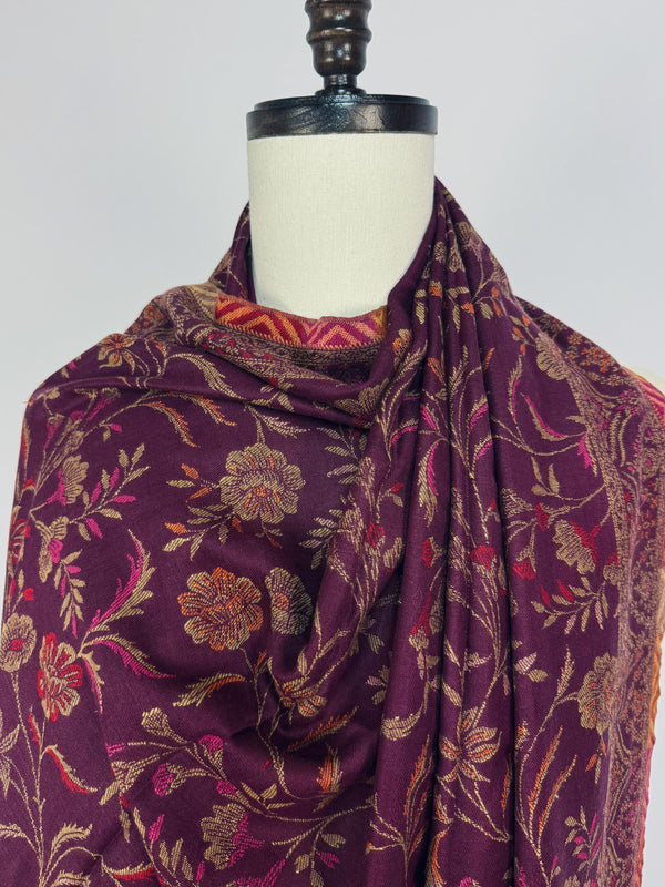 Purple Kashmiri Wool Shawl in Kani Weave traditional Pattern | Eggplant Purple Color Cashmere Wrap | Wool Shawl for Gift