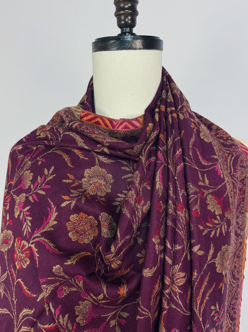 Purple Kashmiri Wool Shawl in Kani Weave traditional Pattern | Eggplant Purple Color Cashmere Wrap | Wool Shawl for Gift