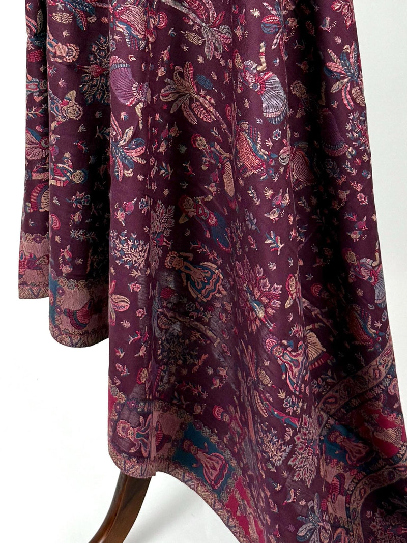 Eggplant Purple Color Kashmiri Wool Shawl in Kani Weave with Images of Clasical Dance forms of India  |  Purple Color Wool Shawl for Gift
