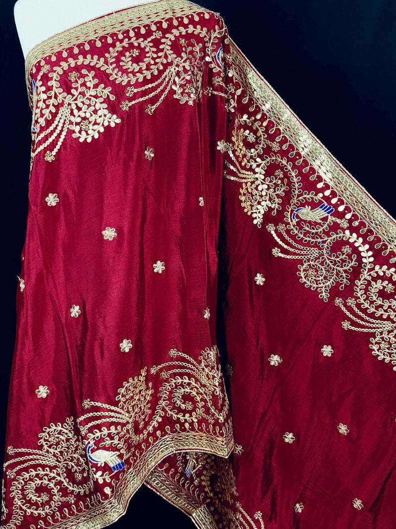 Maroon Red Color Pure Viscose Dupatta with Gold Gottapati |  Wedding Dupatta | Dupatta for Lehanga | Floral Dupatta with Peacock Motif
