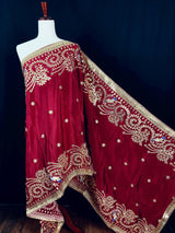 Maroon Red Color Pure Viscose Dupatta with Gold Gottapati |  Wedding Dupatta | Dupatta for Lehanga | Floral Dupatta with Peacock Motif