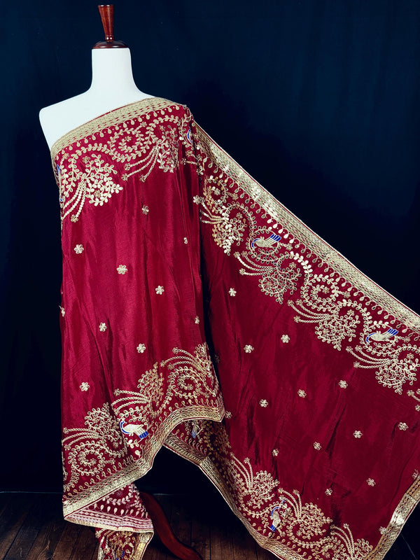 Maroon Red Color Pure Viscose Dupatta with Gold Gottapati |  Wedding Dupatta | Dupatta for Lehanga | Floral Dupatta with Peacock Motif