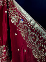 Maroon Red Color Pure Viscose Dupatta with Gold Gottapati |  Wedding Dupatta | Dupatta for Lehanga | Floral Dupatta with Peacock Motif
