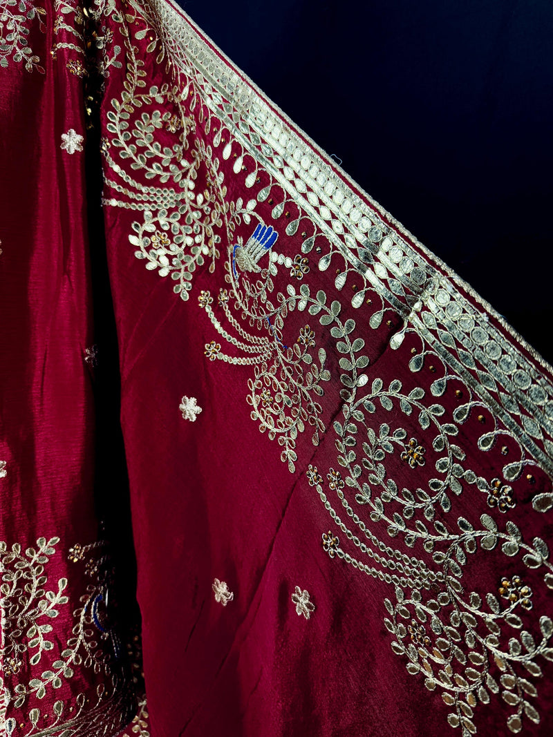 Maroon Red Color Pure Viscose Dupatta with Gold Gottapati |  Wedding Dupatta | Dupatta for Lehanga | Floral Dupatta with Peacock Motif