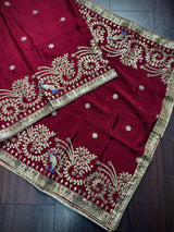 Maroon Red Color Pure Viscose Dupatta with Gold Gottapati |  Wedding Dupatta | Dupatta for Lehanga | Floral Dupatta with Peacock Motif