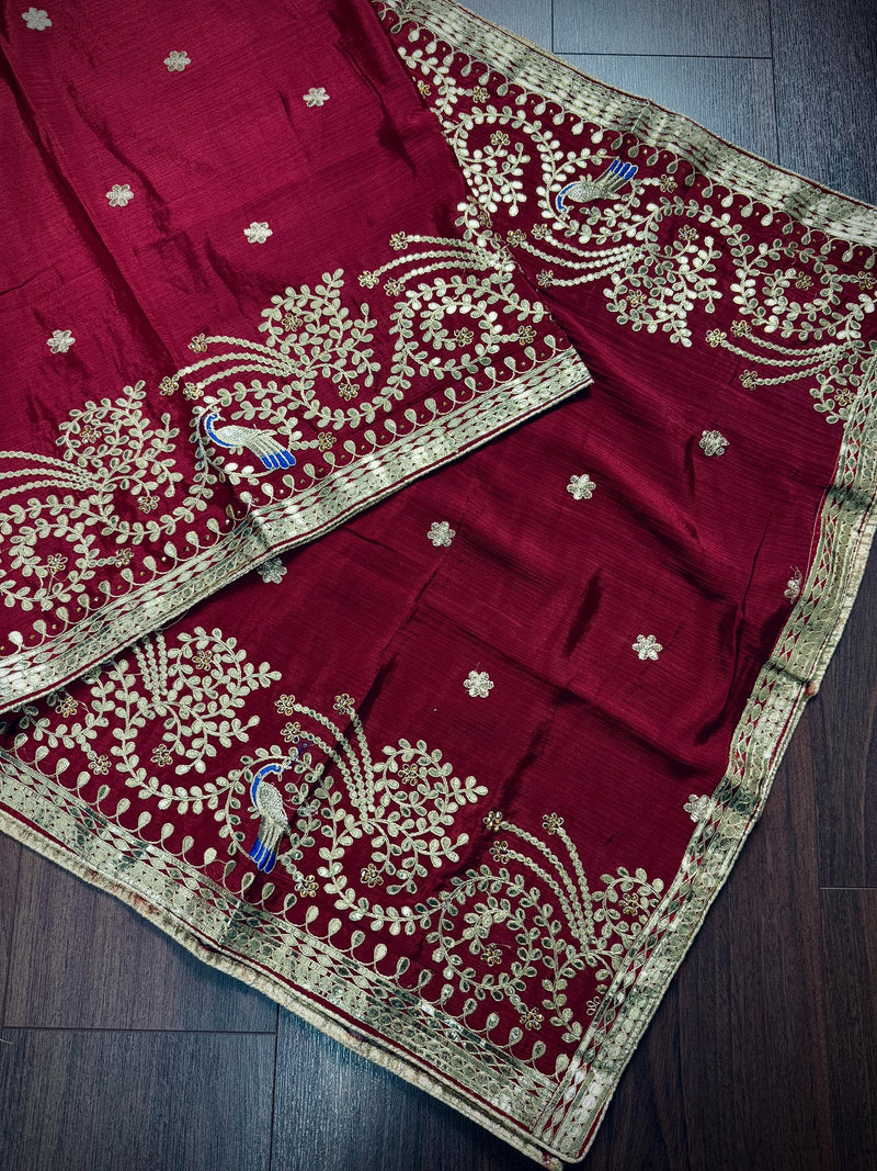 Maroon Red Color Pure Viscose Dupatta with Gold Gottapati |  Wedding Dupatta | Dupatta for Lehanga | Floral Dupatta with Peacock Motif