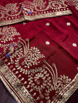 Maroon Red Color Pure Viscose Dupatta with Gold Gottapati |  Wedding Dupatta | Dupatta for Lehanga | Floral Dupatta with Peacock Motif