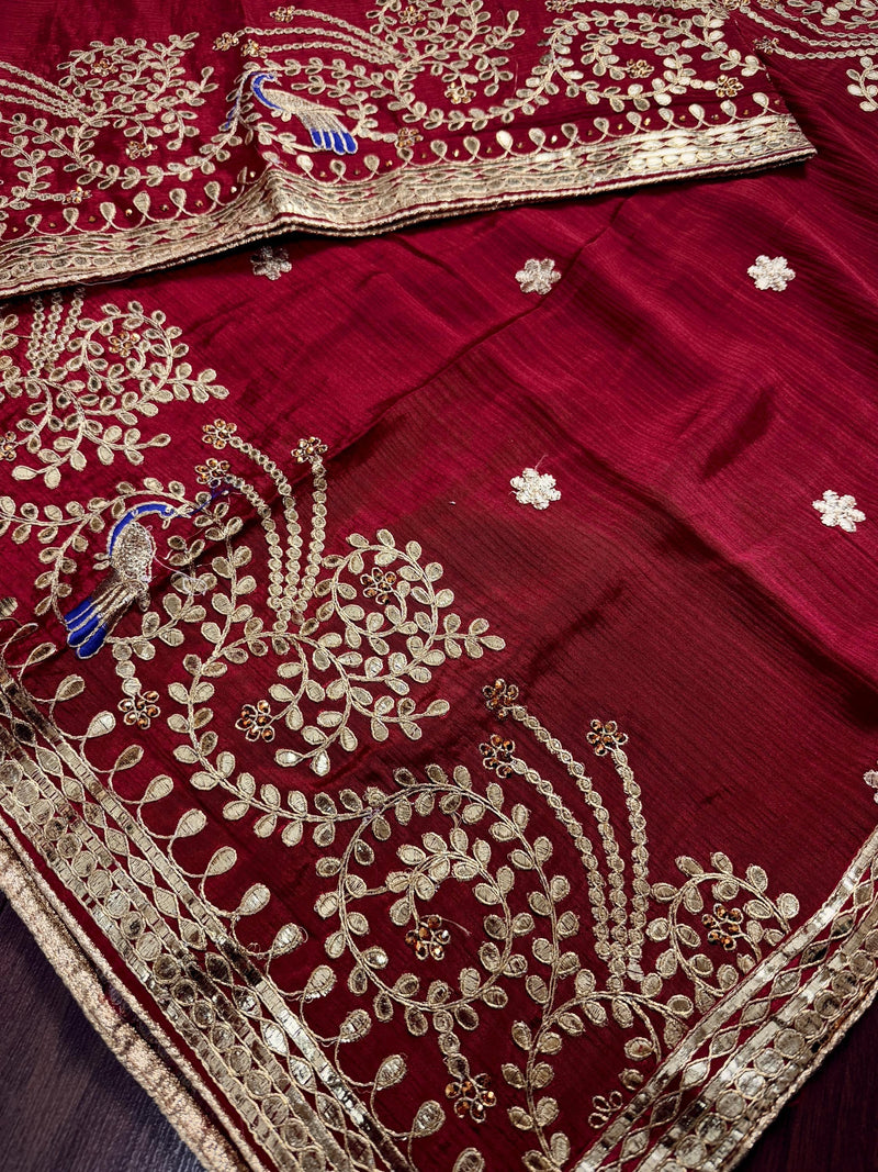 Maroon Red Color Pure Viscose Dupatta with Gold Gottapati |  Wedding Dupatta | Dupatta for Lehanga | Floral Dupatta with Peacock Motif
