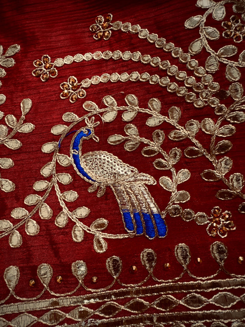 Maroon Red Color Pure Viscose Dupatta with Gold Gottapati |  Wedding Dupatta | Dupatta for Lehanga | Floral Dupatta with Peacock Motif