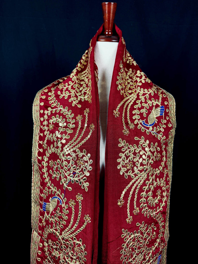 Maroon Red Color Pure Viscose Dupatta with Gold Gottapati |  Wedding Dupatta | Dupatta for Lehanga | Floral Dupatta with Peacock Motif
