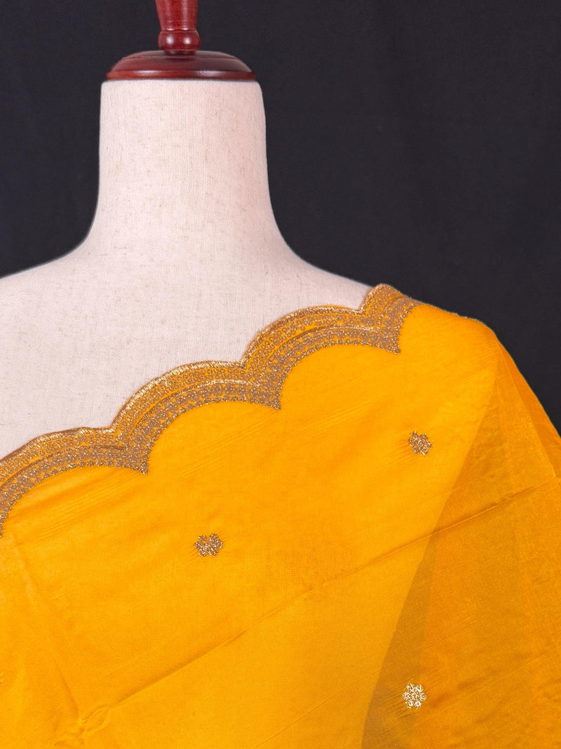 Yellow  Color Soft Organza Dupatta with Embroidery, Sequin and Zari on Borders with small buttis | Dupatta ships from Califonia