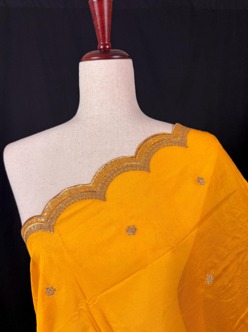Yellow  Color Soft Organza Dupatta with Embroidery, Sequin and Zari on Borders with small buttis | Dupatta ships from Califonia