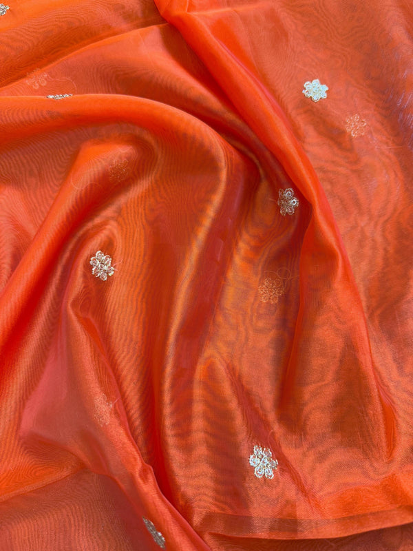 Orange Color Soft Organza Dupatta with Embroidery, Sequin and Zari on Borders with small buttis | Dupatta ships from Califonia